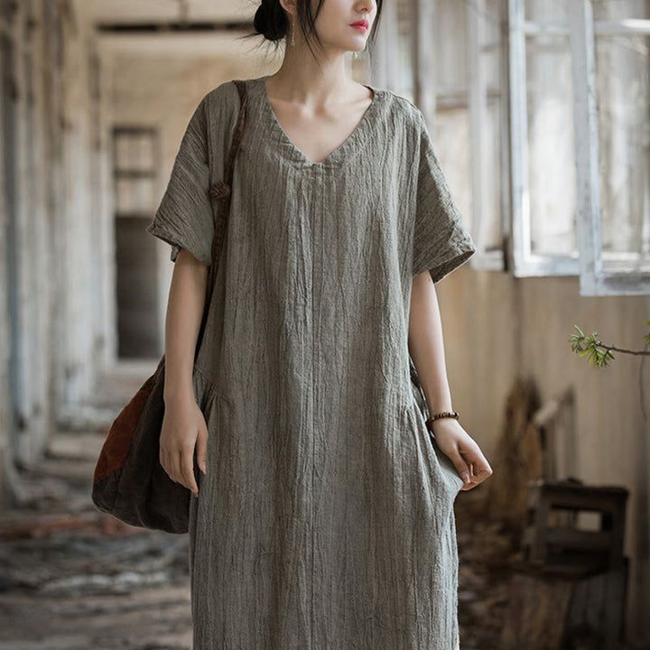 Vestito midi in lino con scollo a V e maniche corte, fatto a mano, con tintura a nodi , Buddha Stones
