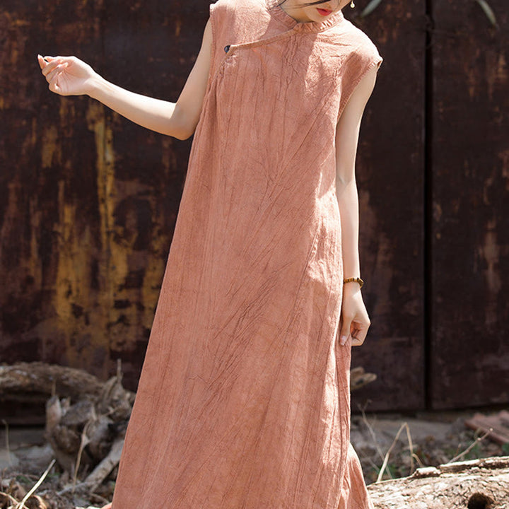 Abito midi tie-dye fatto a mano Buddha Stones , abito senza maniche in lino - Arancione (Busto 116 cm/Spalle 39 cm/Lunghezza 115 cm) (Solo abito) - image 0