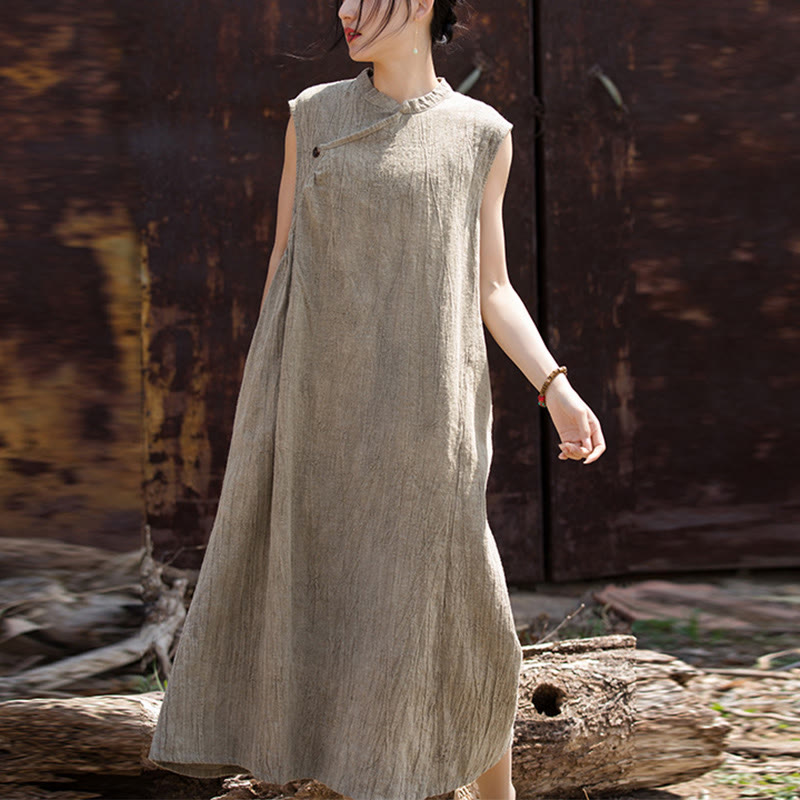 Abito midi tie-dye fatto a mano Buddha Stones , abito senza maniche in lino - Beige (Busto 116 cm/Spalle 39 cm/Lunghezza 115 cm) (Solo abito) - image 19