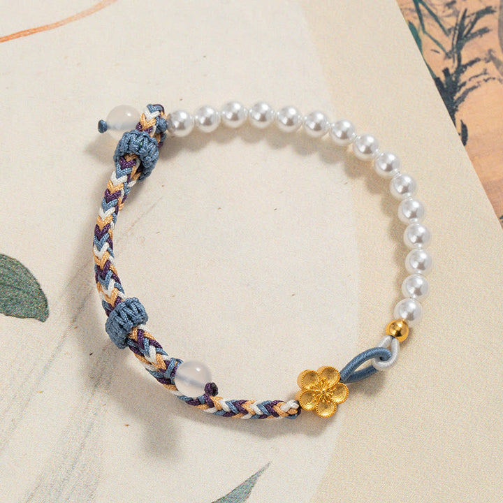 Braccialetto di corda curativa in argento sterling 925 con perle di fiori di pesco e calcedonio Buddha Stones