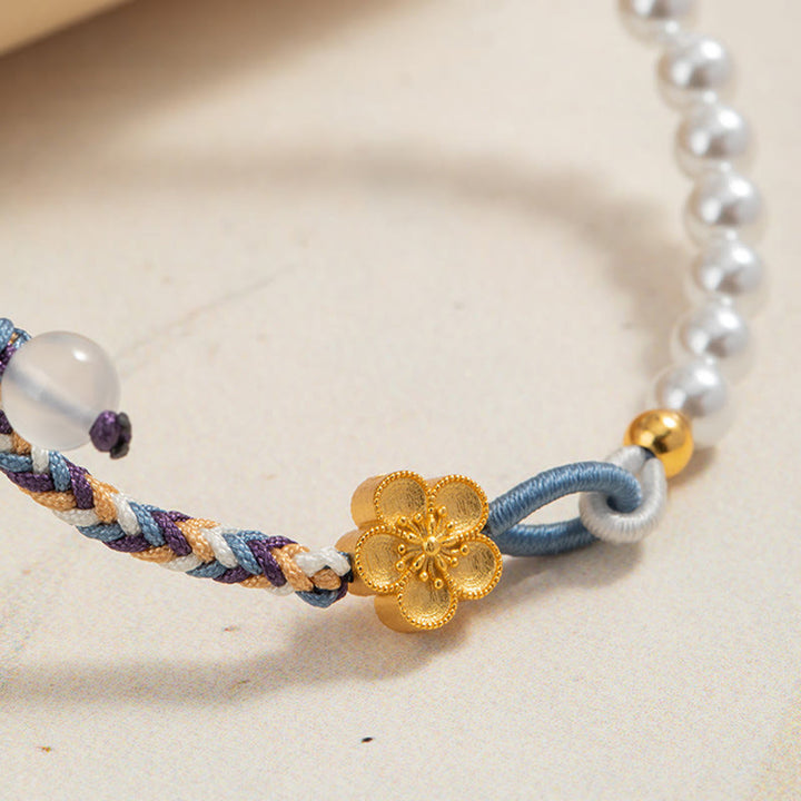 Braccialetto di corda curativa in argento sterling 925 con perle di fiori di pesco e calcedonio Buddha Stones
