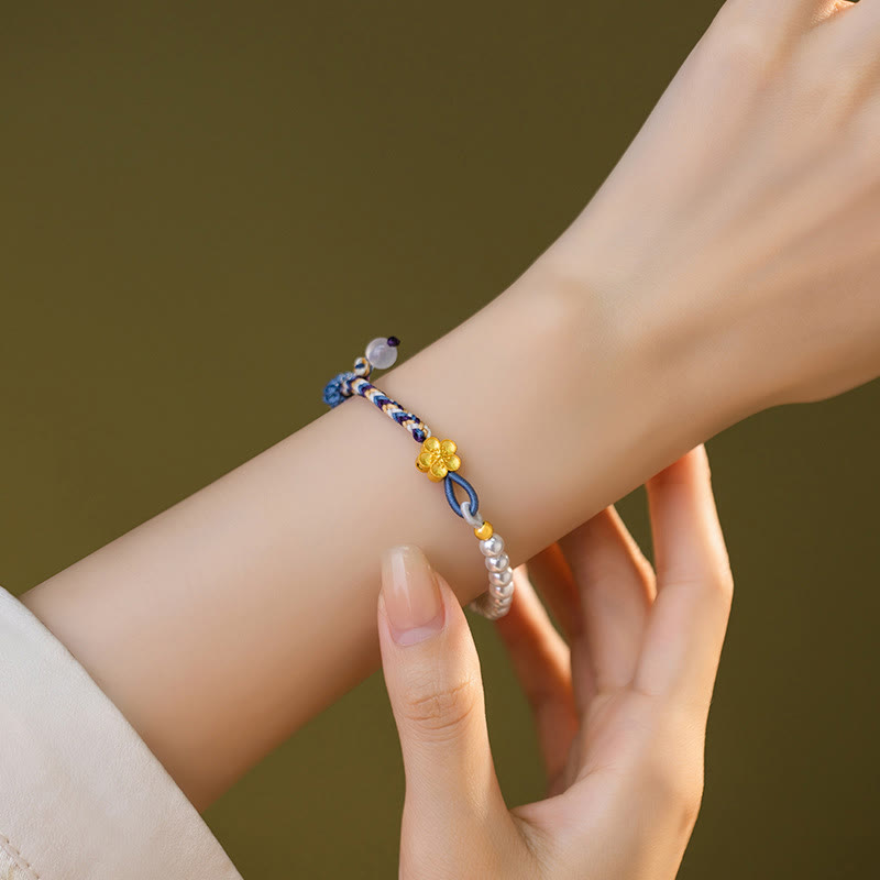 Braccialetto di corda curativa in argento sterling 925 con perle di fiori di pesco e calcedonio Buddha Stones
