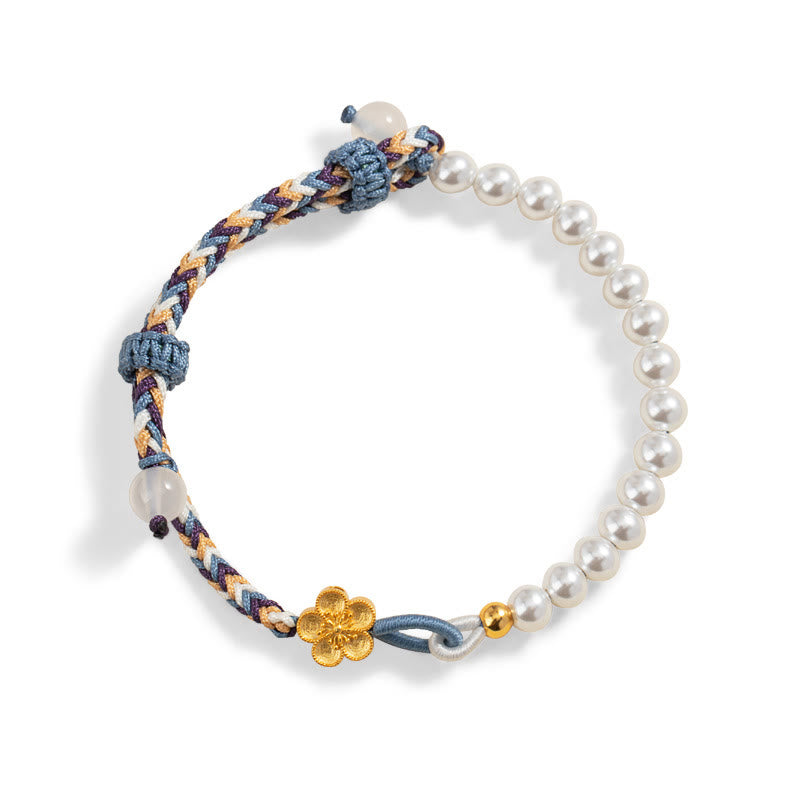 Braccialetto di corda curativa in argento sterling 925 con perle di fiori di pesco e calcedonio Buddha Stones