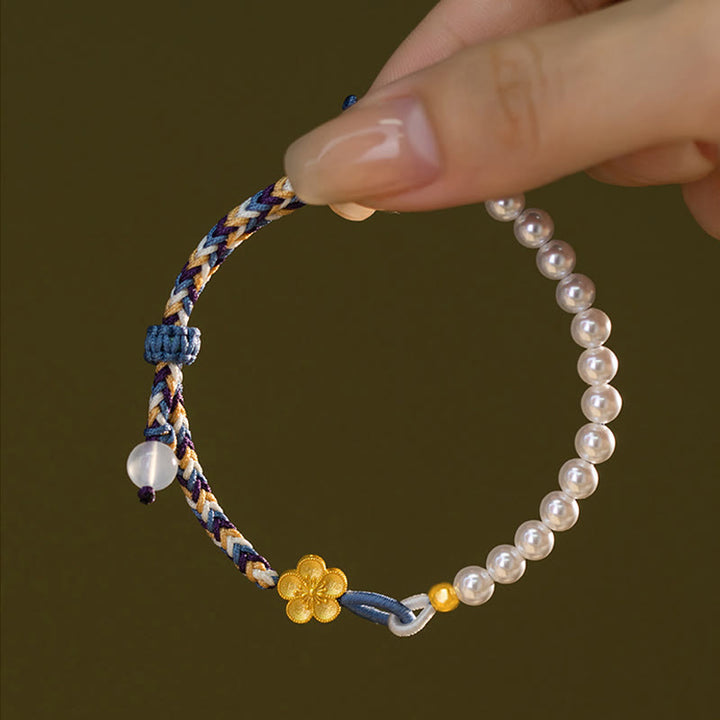 Braccialetto di corda curativa in argento sterling 925 con perle di fiori di pesco e calcedonio Buddha Stones