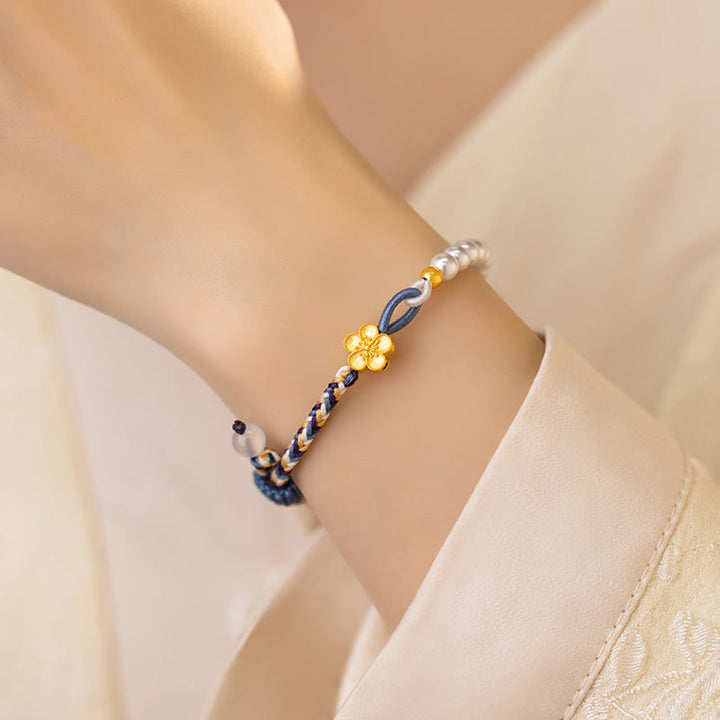 Braccialetto di corda curativa in argento sterling 925 con perle di fiori di pesco e calcedonio Buddha Stones