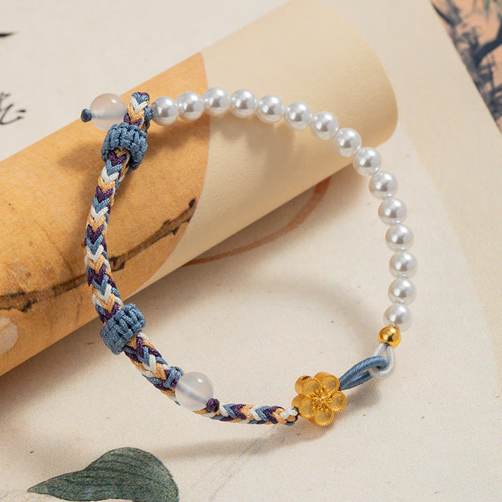 Braccialetto di corda curativa in argento sterling 925 con perle di fiori di pesco e calcedonio Buddha Stones
