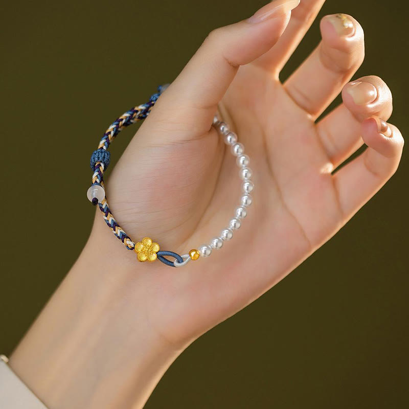 Braccialetto di corda curativa in argento sterling 925 con perle di fiori di pesco e calcedonio Buddha Stones