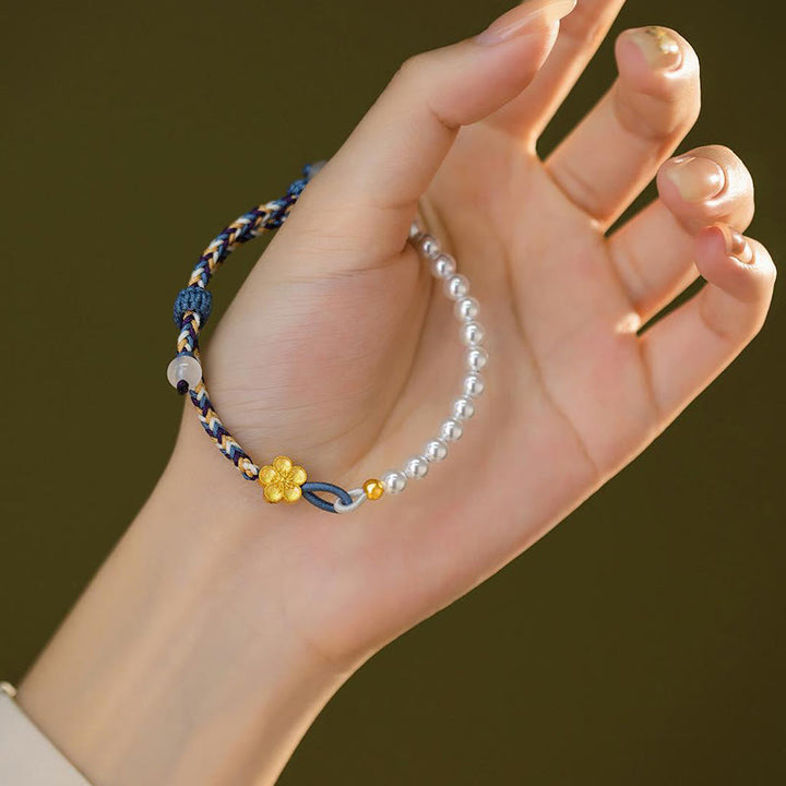 Braccialetto di corda curativa in argento sterling 925 con perle di fiori di pesco e calcedonio Buddha Stones