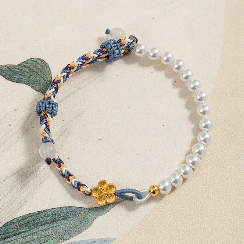 Braccialetto di corda curativa in argento sterling 925 con perle di fiori di pesco e calcedonio Buddha Stones