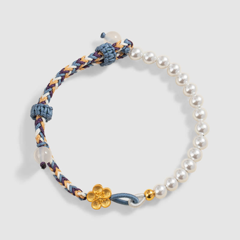 Braccialetto di corda curativa in argento sterling 925 con perle di fiori di pesco e calcedonio Buddha Stones