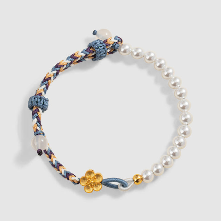 Braccialetto di corda curativa in argento sterling 925 con perle di fiori di pesco e calcedonio Buddha Stones