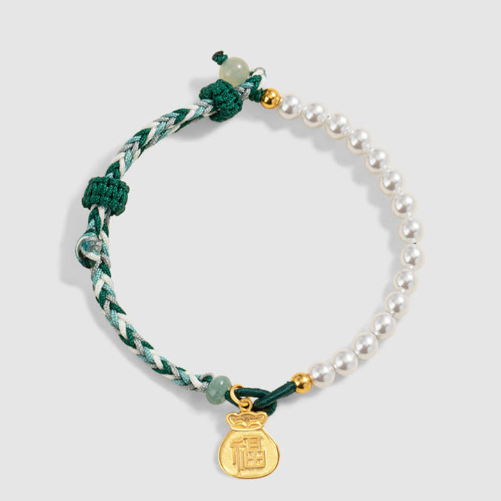 Braccialetto di corda della saggezza di giada Hetian di perle di fortuna di Fu Character in argento sterling 925 Buddha Stones