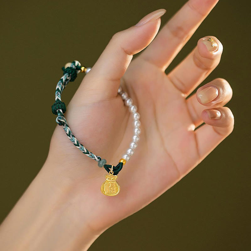Braccialetto di corda della saggezza di giada Hetian di perle di fortuna di Fu Character in argento sterling 925 Buddha Stones