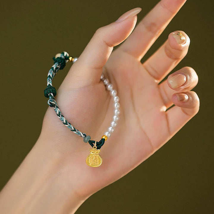Braccialetto di corda della saggezza di giada Hetian di perle di fortuna di Fu Character in argento sterling 925 Buddha Stones