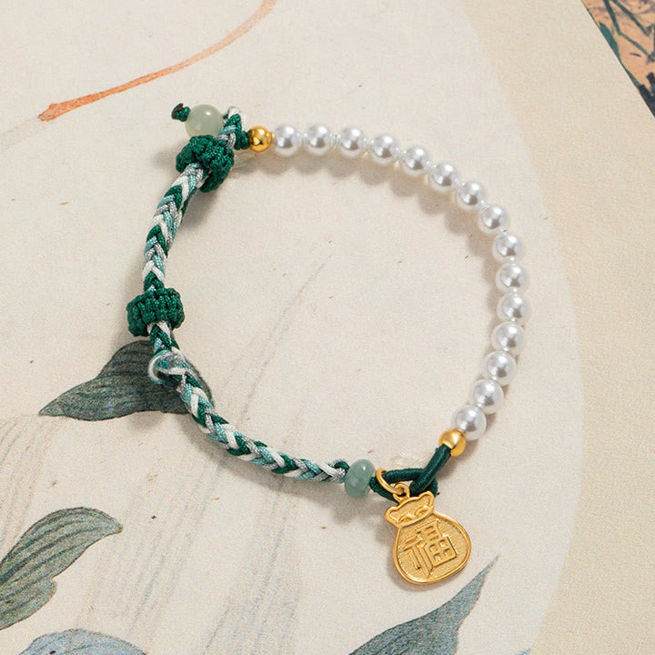 Braccialetto di corda della saggezza di giada Hetian di perle di fortuna di Fu Character in argento sterling 925 Buddha Stones