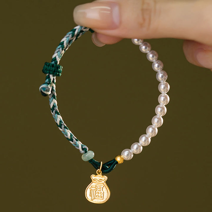 Braccialetto di corda della saggezza di giada Hetian di perle di fortuna di Fu Character in argento sterling 925 Buddha Stones