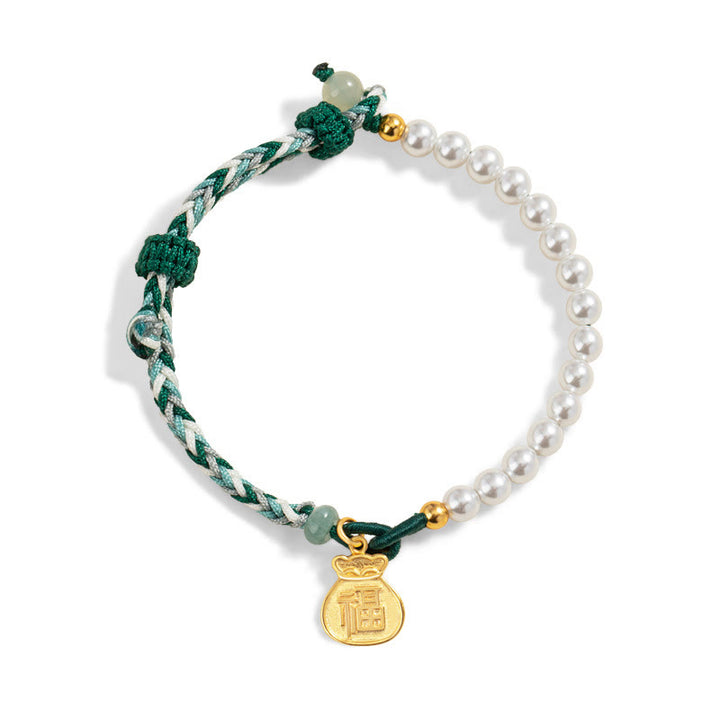 Braccialetto di corda della saggezza di giada Hetian di perle di fortuna di Fu Character in argento sterling 925 Buddha Stones