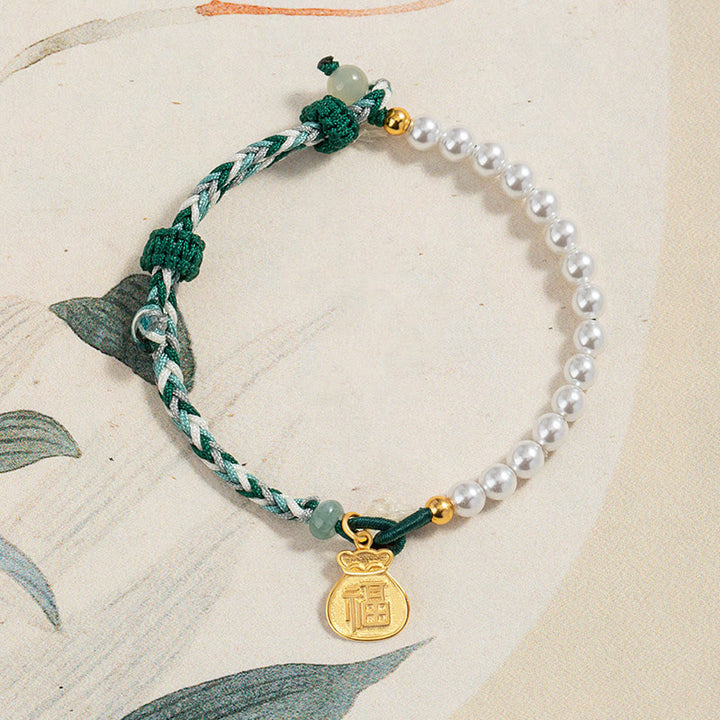 Braccialetto di corda della saggezza di giada Hetian di perle di fortuna di Fu Character in argento sterling 925 Buddha Stones
