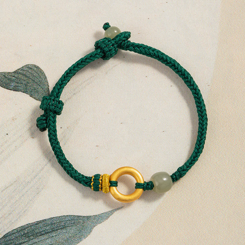 Braccialetto intrecciato con perline di giada Hetian, in argento Buddha Stones 999, con fibbia della pace, pietre di Buddha e corda verde fortunata