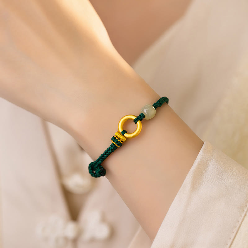Braccialetto intrecciato con perline di giada Hetian, in argento Buddha Stones 999, con fibbia della pace, pietre di Buddha e corda verde fortunata