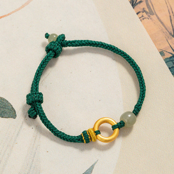 Braccialetto intrecciato con perline di giada Hetian, in argento Buddha Stones 999, con fibbia della pace, pietre di Buddha e corda verde fortunata