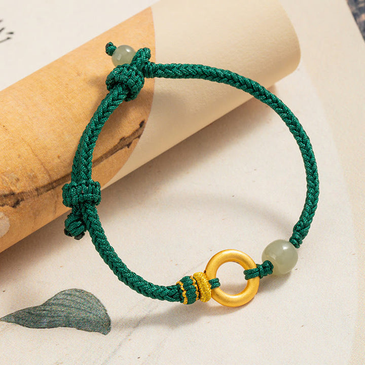 Braccialetto intrecciato con perline di giada Hetian, in argento Buddha Stones 999, con fibbia della pace, pietre di Buddha e corda verde fortunata