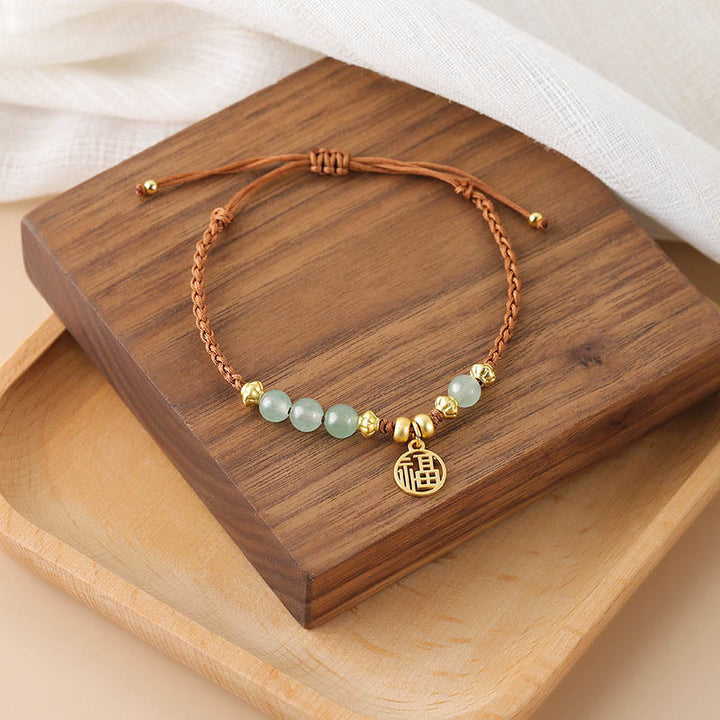 Braccialetto di corda di benedizione del carattere Fu con perle di giada Buddha Stones