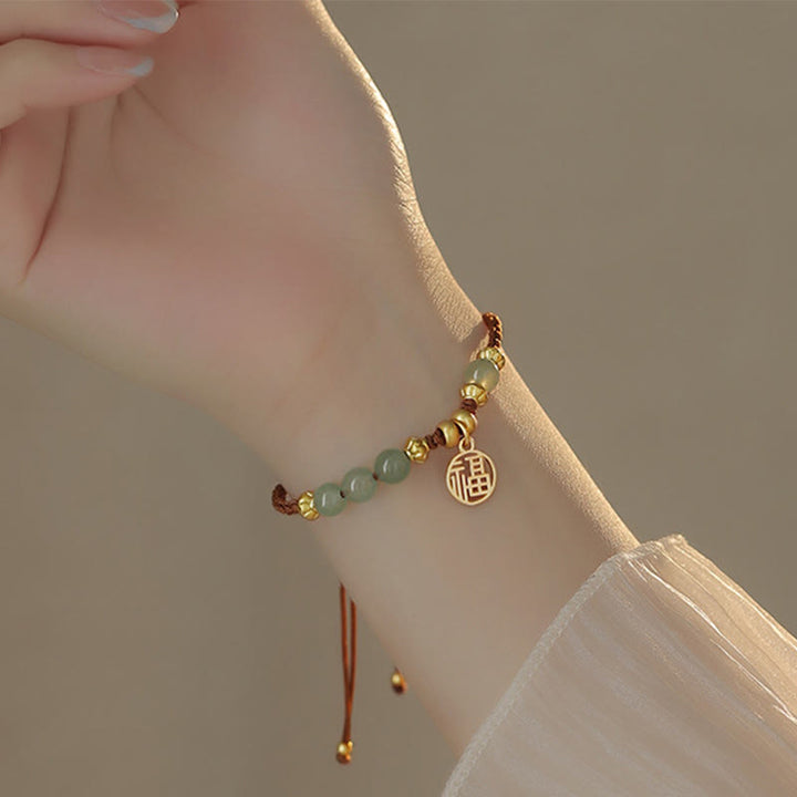 Braccialetto di corda di benedizione del carattere Fu con perle di giada Buddha Stones