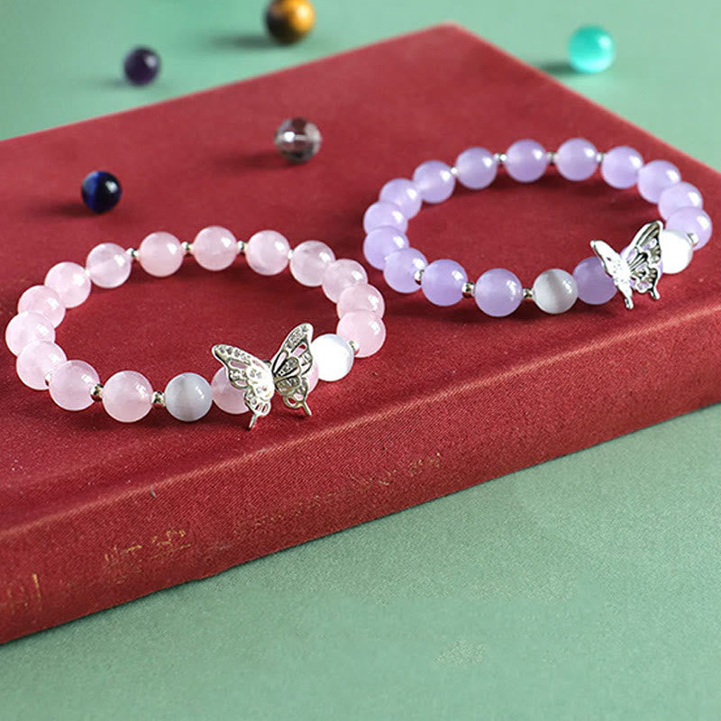 Braccialetto energetico a farfalla in calcedonio blu, cristallo rosa e calcedonio viola Buddha Stones