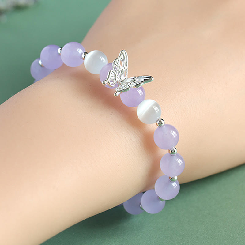 Braccialetto energetico a farfalla in calcedonio blu, cristallo rosa e calcedonio viola Buddha Stones