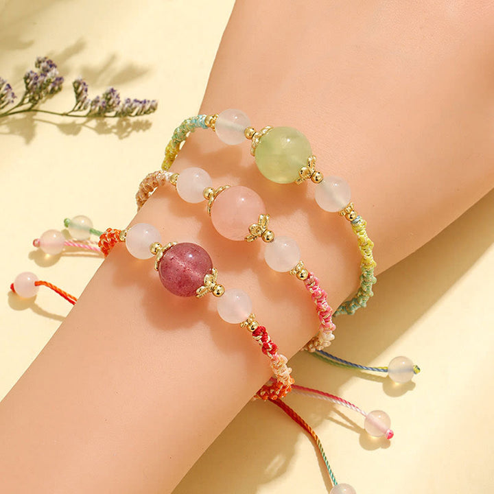 Braccialetto di corda curativa con perline di agata bianca, cristallo rosa e quarzo fragola Buddha Stones