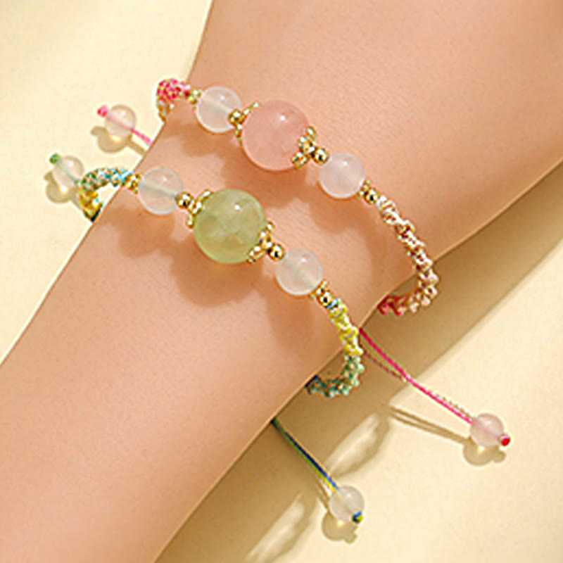 Braccialetto di corda curativa con perline di agata bianca, cristallo rosa e quarzo fragola Buddha Stones