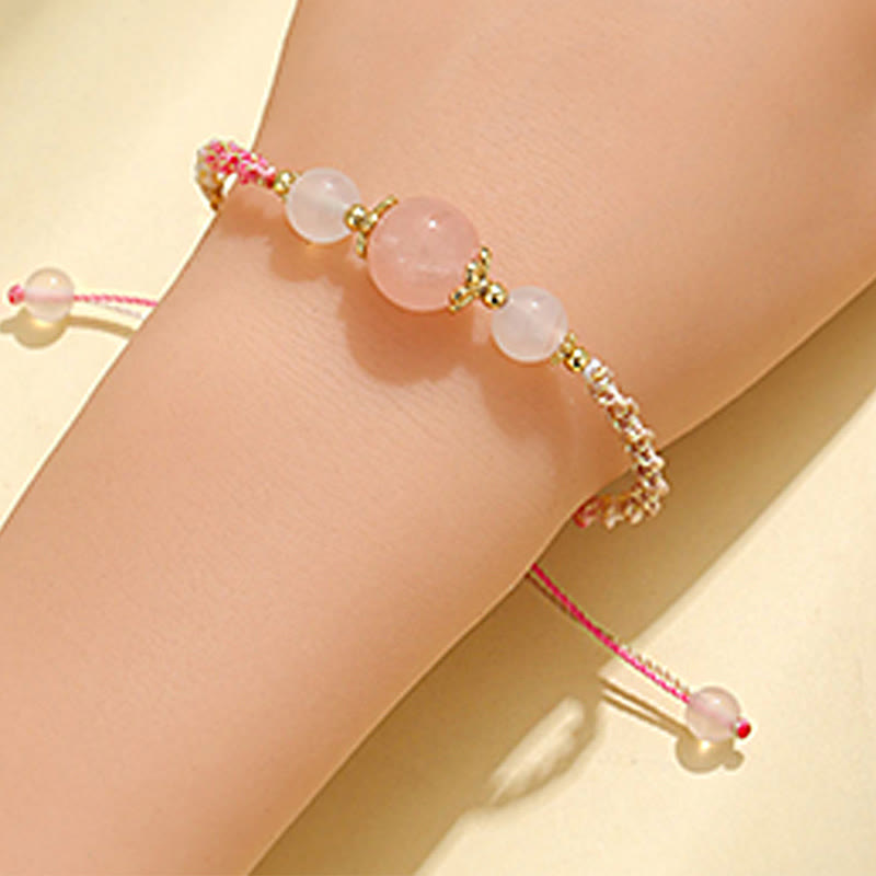 Braccialetto di corda curativa con perline di agata bianca, cristallo rosa e quarzo fragola Buddha Stones