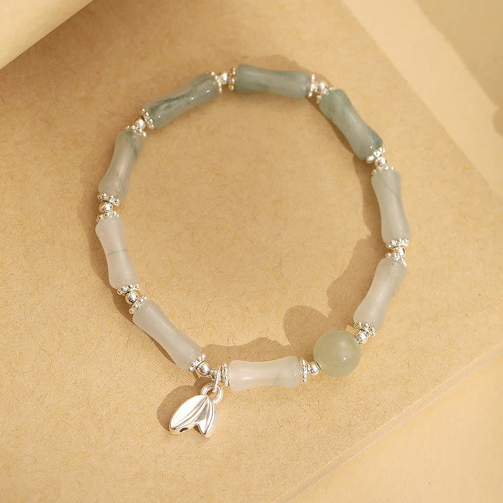 Braccialetto portafortuna con ciondolo in bambù e giada naturale Tianshan in argento sterling 925 Buddha Stones