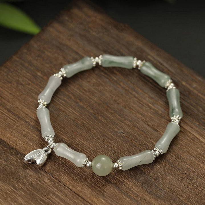 Braccialetto portafortuna con ciondolo in bambù e giada naturale Tianshan in argento sterling 925 Buddha Stones