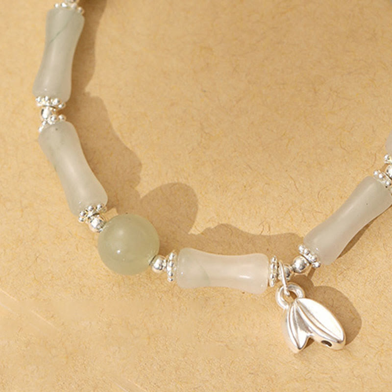 Braccialetto portafortuna con ciondolo in bambù e giada naturale Tianshan in argento sterling 925 Buddha Stones