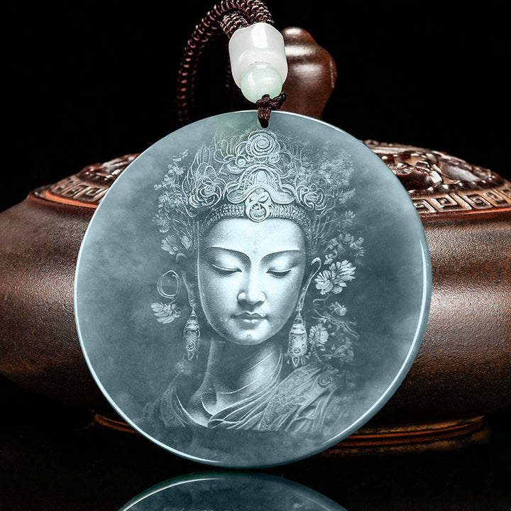 Buddha Stones Collana con ciondolo in corda di giada Kwan Yin Avalokitesvara Abbondanza