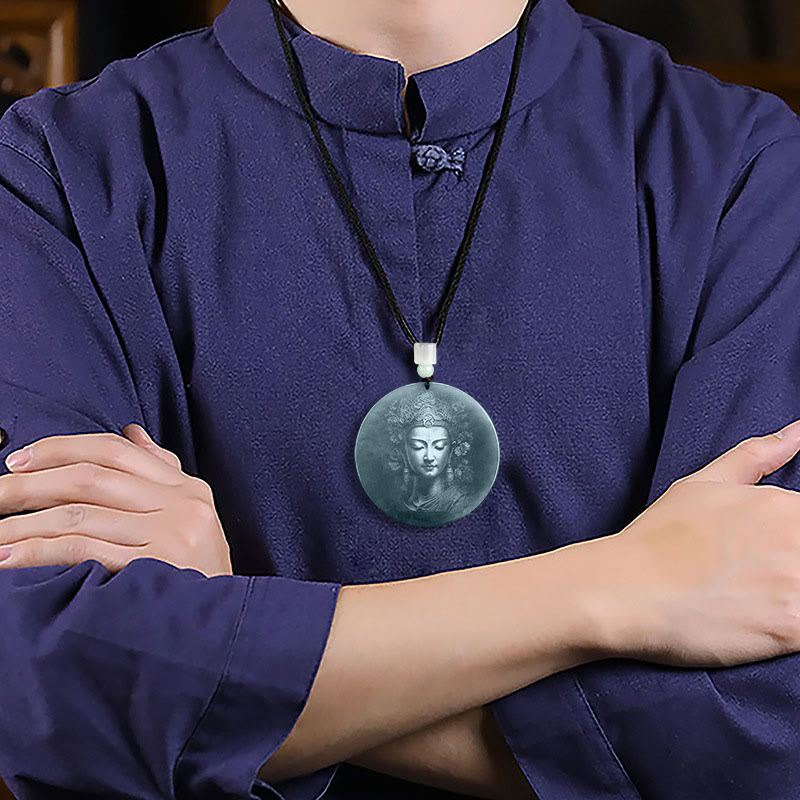 Buddha Stones Collana con ciondolo in corda di giada Kwan Yin Avalokitesvara Abbondanza