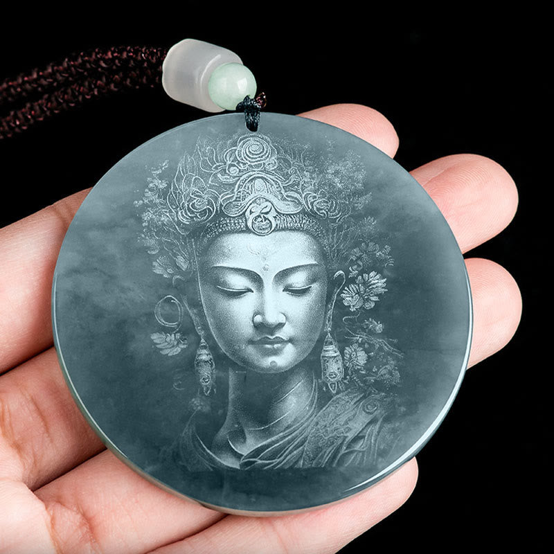 Buddha Stones Collana con ciondolo in corda di giada Kwan Yin Avalokitesvara Abbondanza
