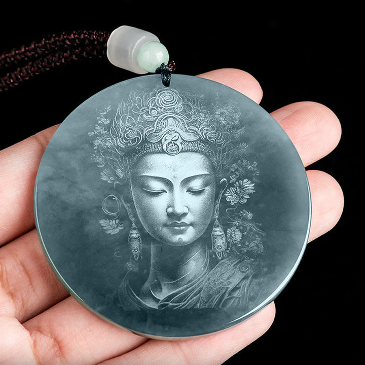Buddha Stones Collana con ciondolo in corda di giada Kwan Yin Avalokitesvara Abbondanza