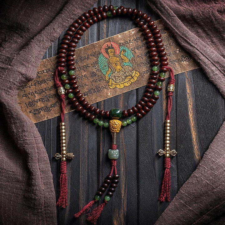 Buddha Stones Tibet naturale 108 Mala perline viola Bodhi Seed Hetian ciano giada rame Dorje braccialetto della pace