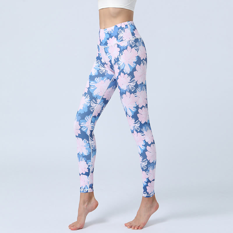 Buddha Stones Flowers Leaves Stampa Sport Fitness Yoga Leggings a vita alta Pantaloni da yoga da donna - Fiori rosa blu - US8-10, UK/AU12-14, EU40-42 (XL) - image 7