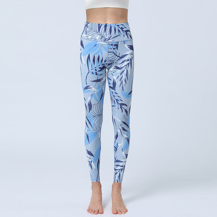 Buddha Stones Flowers Leaves Stampa Sport Fitness Yoga Leggings a vita alta Pantaloni da yoga da donna - foglie azzurre - US8-10, UK/AU12-14, EU40-42 (XL) - image 10
