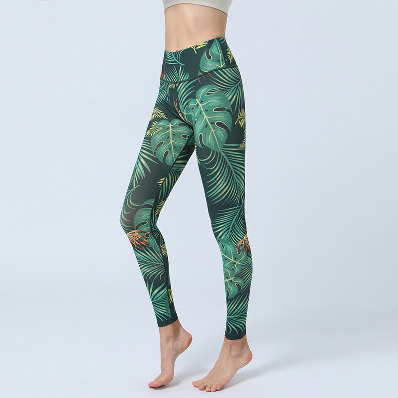 Leggings da yoga a vita alta con stampa Buddha Stones , per fitness e sport, da donna - Foglie verdi - US8-10, UK/AU12-14, EU40-42 (XL) - image 1