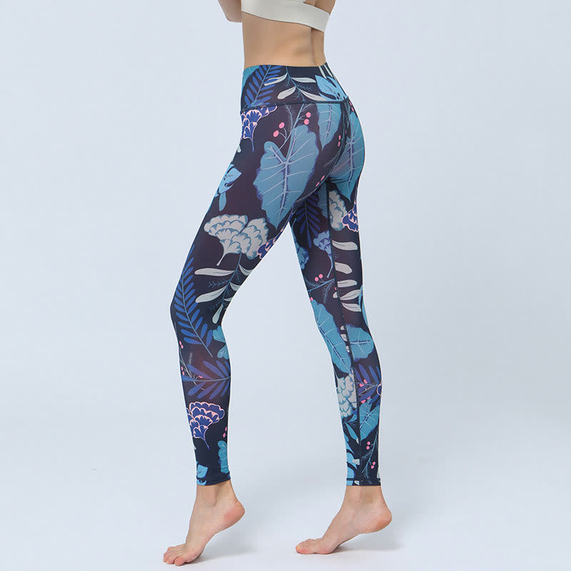 Leggings da yoga a vita alta con stampa Buddha Stones , per fitness e sport, da donna - Foglie blu scuro - US8-10, UK/AU12-14, EU40-42 (XL) - image 10