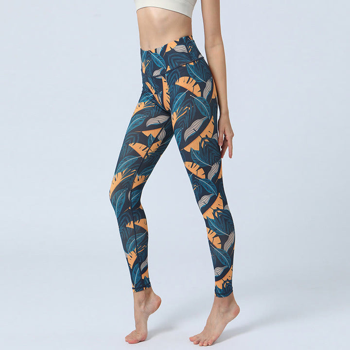Leggings da yoga a vita alta con stampa Buddha Stones , per fitness e sport, da donna - Foglie blu arancioni - US8-10, UK/AU12-14, EU40-42 (XL) - image 13