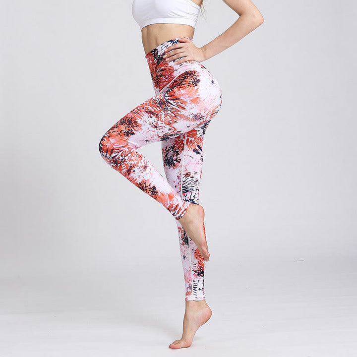 Leggings da yoga a vita alta con stampa di fiori rosa rossi Buddha Stones, pantaloni da yoga da donna
