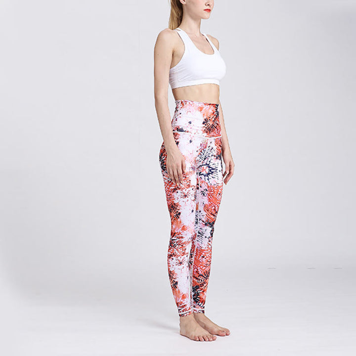 Leggings da yoga a vita alta con stampa di fiori rosa rossi Buddha Stones, pantaloni da yoga da donna