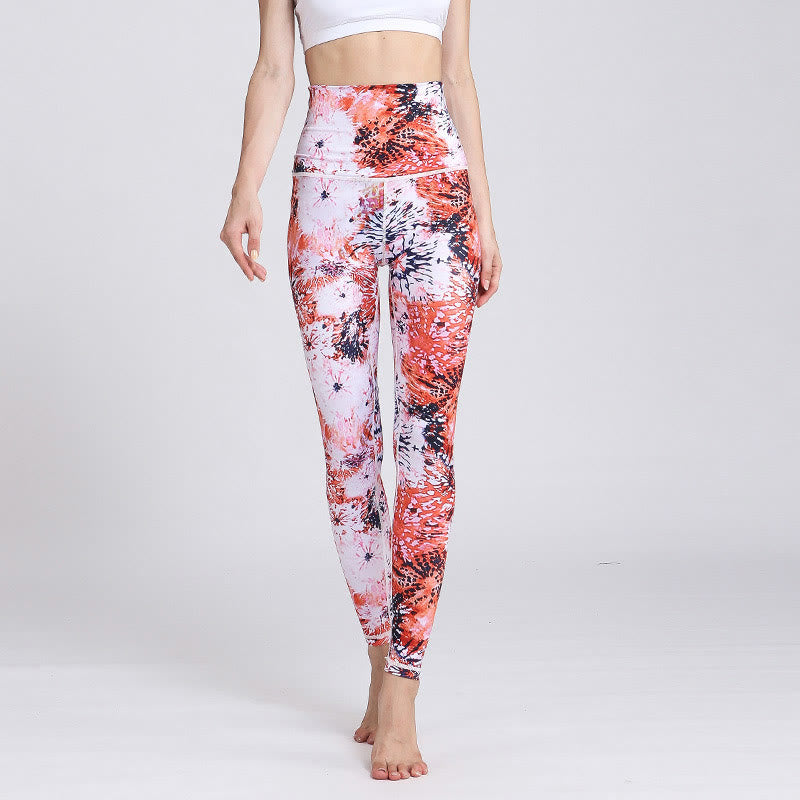 Leggings da yoga a vita alta con stampa di fiori rosa rossi Buddha Stones, pantaloni da yoga da donna - image 1