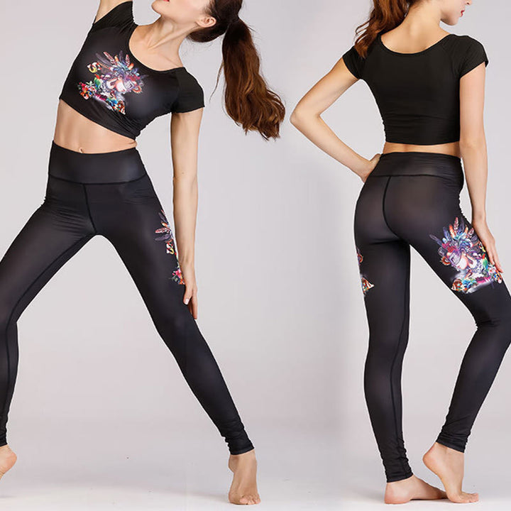 Buddha Stones 2 pezzi mondo sottomarino ragazza misteriosa sfumatura colore stampa top pantaloni sport fitness yoga donne yoga set - Misteriosa ragazza nera - US12, UK/AU16, EU44 (XL)  - image 3
